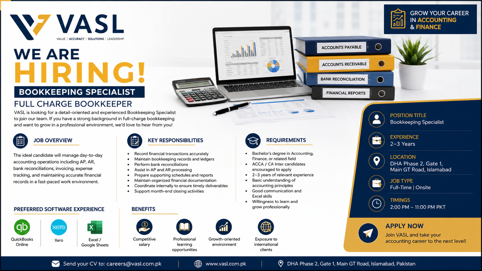 Full Charge Bookkeeper Jobs in Islamabad at VASL | Accounting & Finance Careers 2026