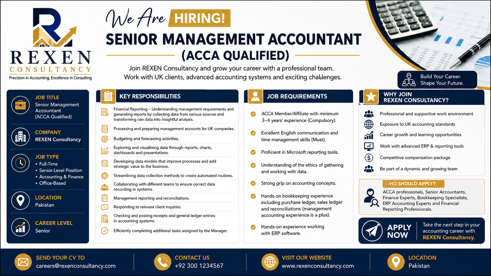 Senior Management Accountant (ACCA Qualified) Job in Pakistan | REXEN Consultancy
