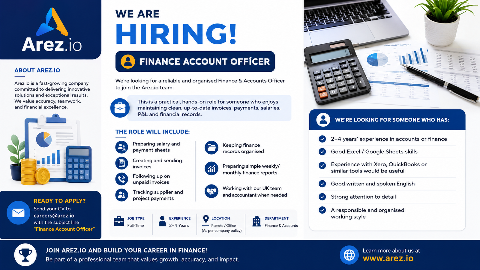Finance Account Officer Jobs 2026 at Arez.io | Accounts & Finance Careers