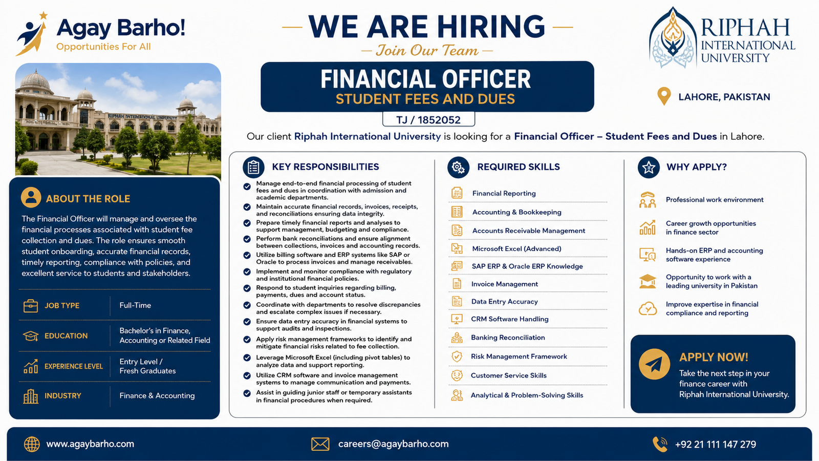 Financial Officer – Student Fees and Dues Jobs in Lahore 2026 | Riphah International University Careers