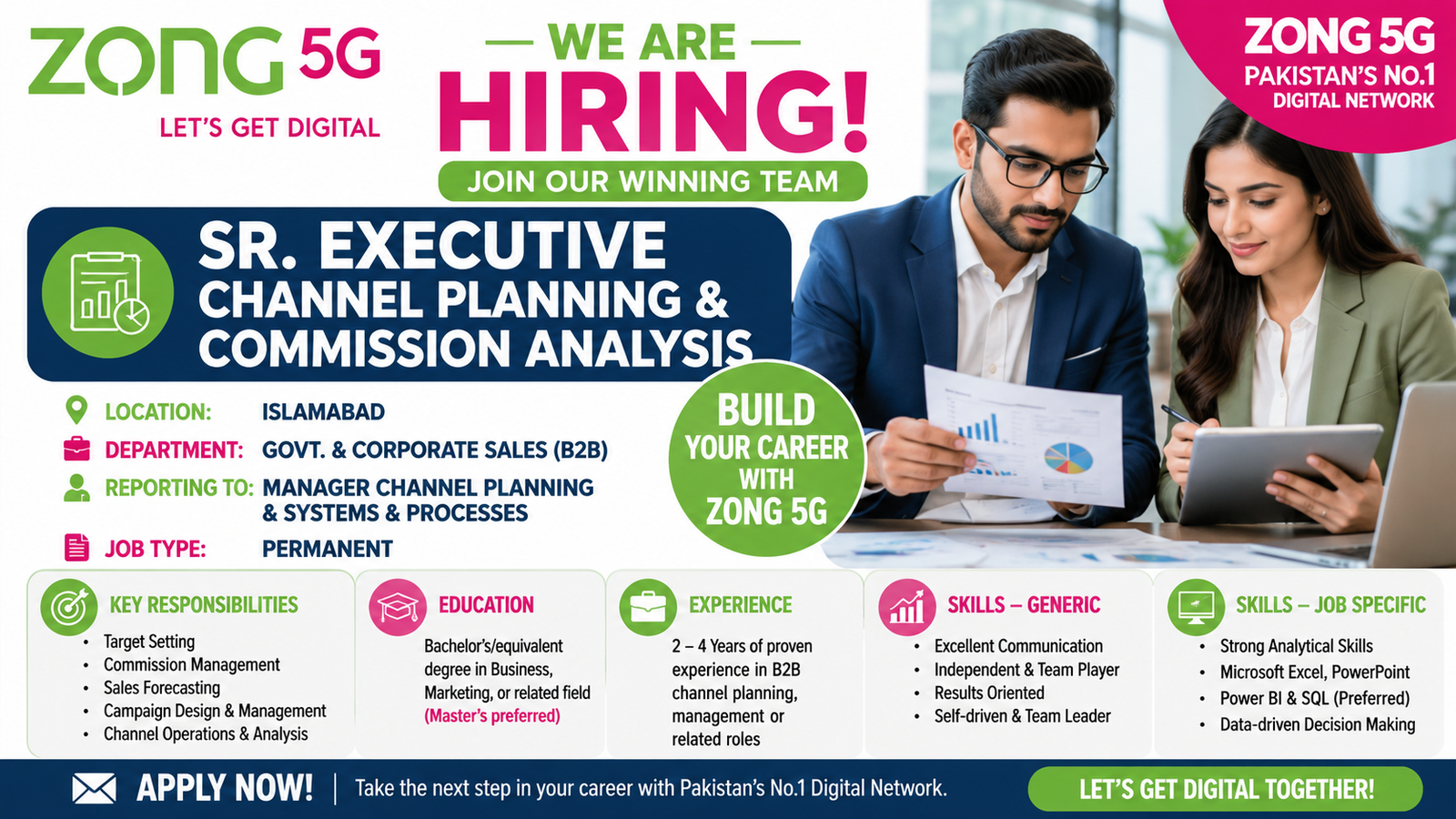 Zong 5G Hiring Sr. Executive Channel Planning & Commission Analysis in Islamabad – Apply Now